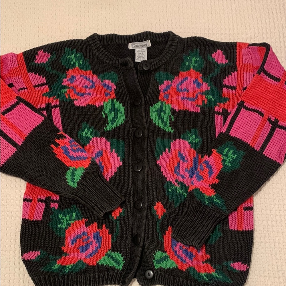 Vintage Floral Cardigan Sweater - Black and Pink